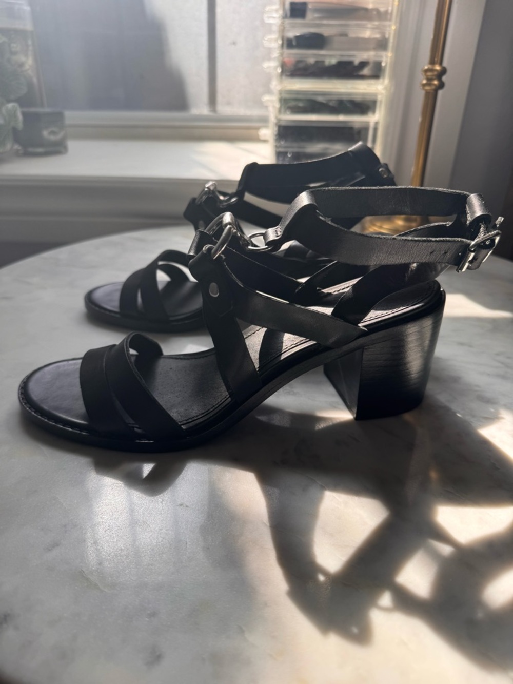 Frye Black Heeled Sandals with Chunky Block Heel